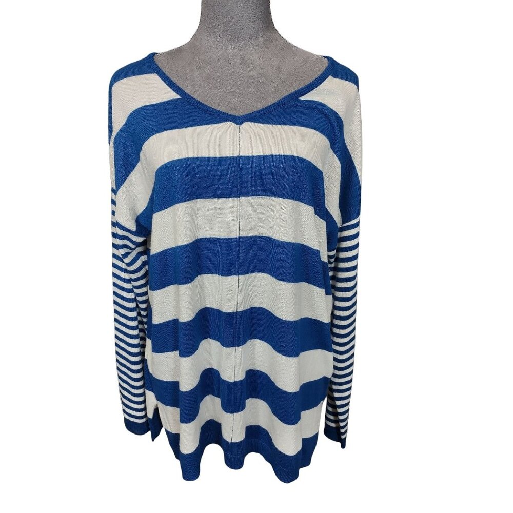 Womens Sweater Striped Contrasting Sleeve Blue White Tunic Stretch Large 12-14